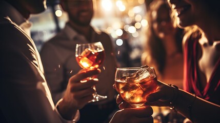 Group of friends having drinks at the night club party. Young people enjoying at a bar toasting cocktails