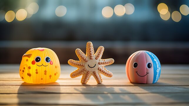 Handmade sea animals. toys on wood background. Baby educational toys. octopus, sea horse and fish. Glow and shine