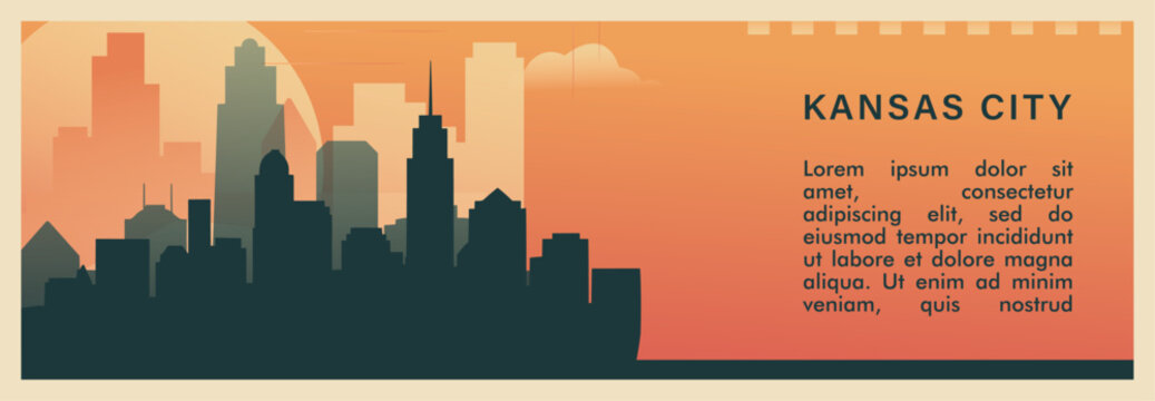Kansas city brutalism vector banner with skyline, cityscape. USA Missouri state retro horizontal illustration. United States of America travel layout for web presentation, header, footer