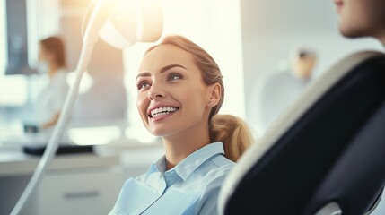 Image of pretty young woman sitting in dental chair at medical center while professional doctor fixing her teeth - obrazy, fototapety, plakaty