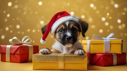 puppy in santa hat Adorable puppy on a festive yellow background with golden gift boxes. presenting the idea of boxing day or TuesdayMake use of