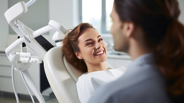 Image of pretty young woman sitting in dental chair at medical center while professional doctor fixing her teeth