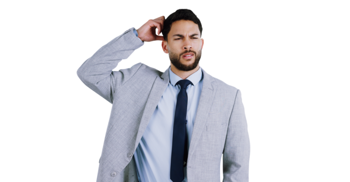 Confused, thinking and business man scratching head with questions on isolated, transparent or png background. Doubt, why or entrepreneur with problem solving, brainstorming or asking for solution - Powered by Adobe