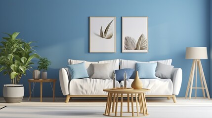 Living room interior with white furniture and green plants and pictures on blue wall background