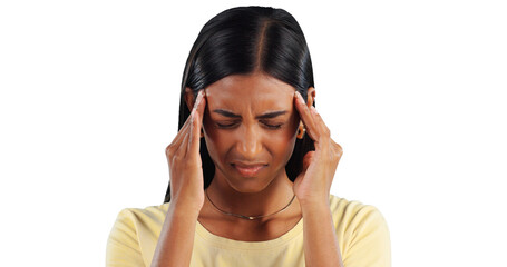 Headache, stress and Indian woman with vertigo, pain or tension os isolated, transparent or png background. Brain fog, anxiety and female person frustrated with migraine, crisis or burnout disaster