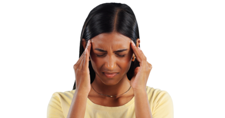 Headache, stress and Indian woman with vertigo, pain or tension os isolated, transparent or png background. Brain fog, anxiety and female person frustrated with migraine, crisis or burnout disaster