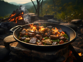 fried pan with meat on an open fire