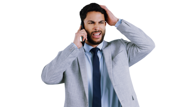 Business, phone call and man confused by bad news, glitch or poor connection on isolated, transparent or png background. Startup, stress and entrepreneur with smartphone fail, disaster or 404 crisis