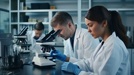 Modern Medical Research Laboratory: Two Scientists Wearing Face Masks use Microscope, Analyse Sample in Petri Dish, Discuss Innovative Technology. Advanced Scientific Lab for Medicine, Biotechnology
