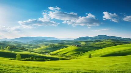 Fototapeta premium Panorama of beautiful countryside of romania. sunny afternoon. wonderful springtime landscape in mountains. grassy field and rolling hills. rural scenery