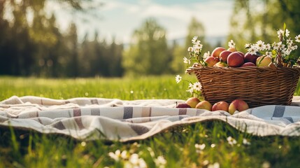 Picnic duvet with empty basket on the meadow in nature. Panoramic view. Concept of leisure and family weekend - obrazy, fototapety, plakaty