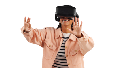 VR, hands or happy woman with future technology and smile isolated on transparent png background. 3d metaverse video gaming, digital world or girl with high tech, user experience and virtual reality