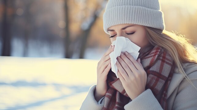 Pretty young woman blowing her nose with a tissue outdoor in winter. Young woman getting sick with flu in a winter day. Woman with a cold