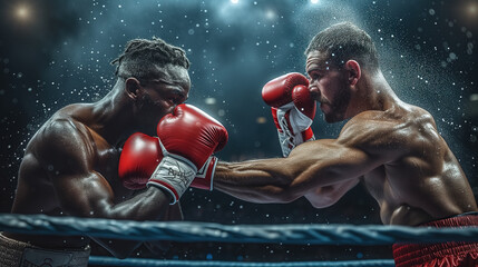 Two boxers fighting on the ring. Splashes sweat on the background. Generative AI.