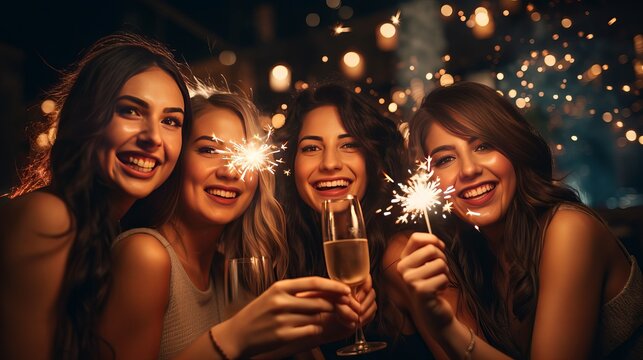 Shot of group of young women celebrating new years eve at the pub. Group of female friends with sparklers partying in nightclub