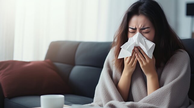 Sick young asian woman sitting under the blanket on sofa and sneeze with tissue paper at home