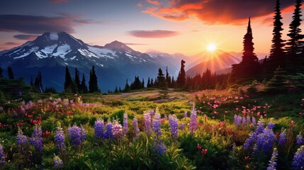 Sunny mountain landscape with fields of colorful wildflowers, dark pine trees, and distant mountain peaks. Stunning nature resembling like Alps