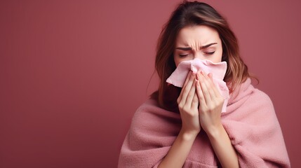 Virus outbreak, flu epidemic. Sick woman wrapped in scarf sneezing in napkin, cleaning running nose and coughing, suffering influenza symptoms, fever. indoor studio shot isolated on pink background