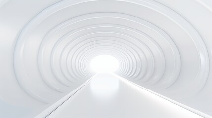 Fototapeta na wymiar White futuristic tunnel leading to light. Wide angle. Modern style abstract 3d rendered background