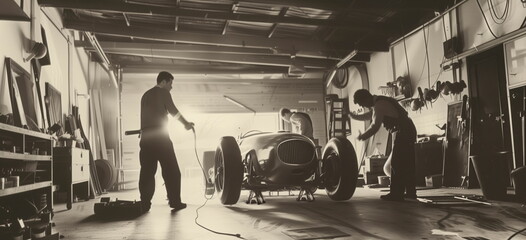 Early years of motor sports, racing cars. garage, pit crews. slight motion blur. Old photo with grains. 