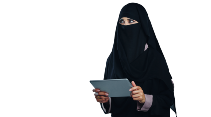 Woman, muslim and thinking with tablet or technology for social media or isolated, transparent or png background. Female person, burka and connectivity in Dubai for web decision, research or browsing