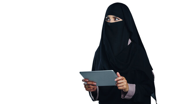 Woman, muslim and thinking with tablet or technology for social media or isolated, transparent or png background. Female person, burka and connectivity in Dubai for web decision, research or browsing