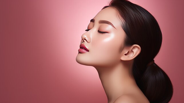 Young Asian beauty woman pulled back hair with korean makeup style touch her face and perfect skin on isolated pink background. Facial treatment, Cosmetology, plastic surgery