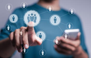 HR, human resources management concept. Person touch connected network of human resources for organizational structure. employment headhunting, candidate. teamwork organization and brainstorm.