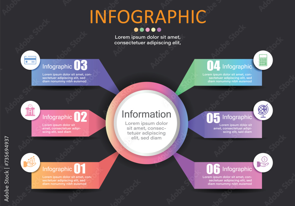 Poster modern style vector infographic placed on a gray-black background with a circle in the middle and 6 