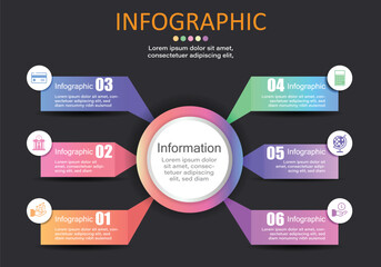 Modern style vector infographic placed on a gray-black background with a circle in the middle and 6 separate text boxes with space to enter text to present your work for easier understanding.