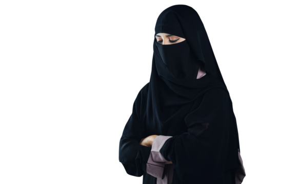 Islam, woman and thinking with niqab or arms crossed for idea, corporate career or contemplating for startup. Business, person or muslim entrepreneur with pride isolated on png transparent background
