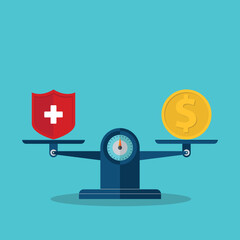 Medical cross and dollar coin on scales. Expensive health insurance concept.	
