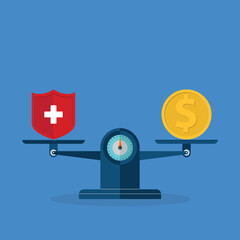 Medical cross and dollar coin on scales. Expensive health insurance concept.	