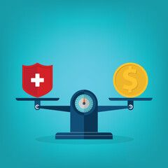 Medical cross and dollar coin on scales. Expensive health insurance concept.	