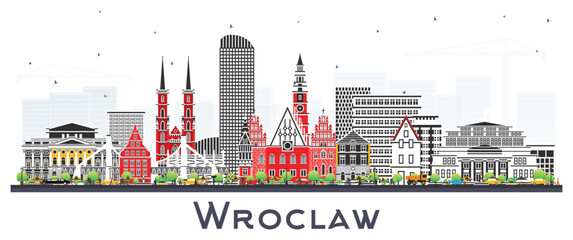 Wroclaw Poland City Skyline with Color Buildings isolated on white. Wroclaw Cityscape with Landmarks. Business Travel and Tourism Concept with Historic Architecture.