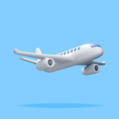 Fototapeta premium 3D White Realistic Airplane Isolated on Blue Background. Render Passenger or Commercial Jet Icon. Time for Travel Concept. Traveling Booking Agency and Airlines. Holiday Vacation. Vector Illustration