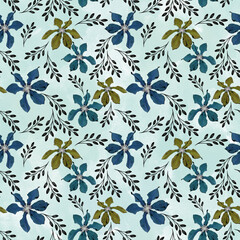 Seamless floral pattern. Blue, olive flowers on a light background.