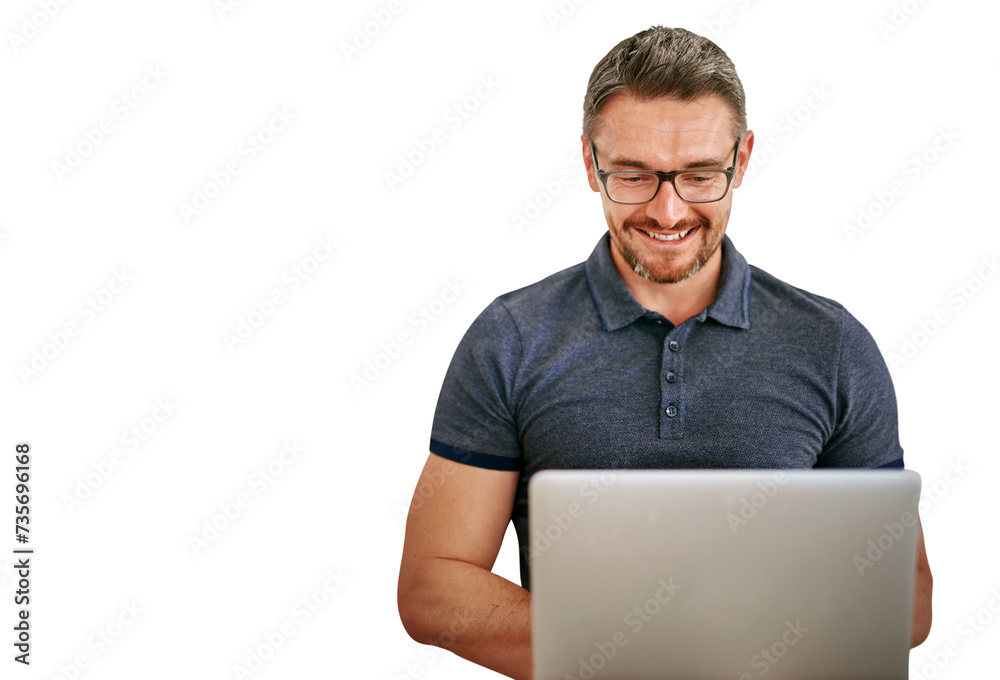 Fototapete Mature happy man, laptop and information technology with software update or coding on png transparent background. Problem solving, cybersecurity and management at startup for programming and internet
