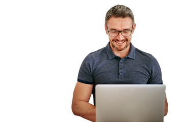 Mature happy man, laptop and information technology with software update or coding on png...