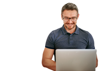 Mature happy man, laptop and information technology with software update or coding on png transparent background. Problem solving, cybersecurity and management at startup for programming and internet