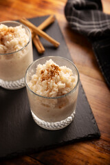 Rice pudding. Sweet dish made by cooking rice in milk and sugar, some recipes include cinnamon, vanilla or other ingredients, it is a very easy dessert recipe and very popular all over the world.