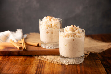 Rice pudding. Sweet dish made by cooking rice in milk and sugar, some recipes include cinnamon,...