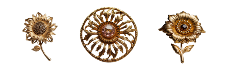 4 Old fashioned sunflower brooch made of gold with intricate design set against a transparent background