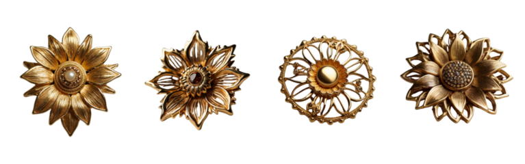 4 Old fashioned sunflower brooch made of gold with intricate design set against a transparent background