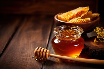 honey dripping from honey spoon in glass bowl - obrazy, fototapety, plakaty