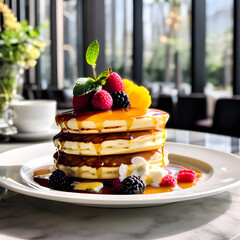 A Background with honey with pan cakes, berries, blue berries, cherries, cherries with honey