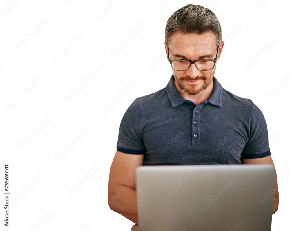 Poster Mature man, laptop and information technology, internet with software update or coding for cybersecurity on png transparent background. Problem solving, expert or manager at startup for programming
