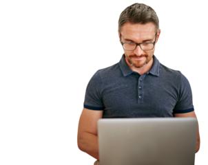 Mature man, laptop and information technology, internet with software update or coding for cybersecurity on png transparent background. Problem solving, expert or manager at startup for programming