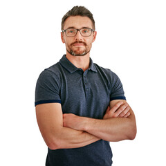 Mature man, arms crossed and glasses for vision with confidence, professional and portrait on png...