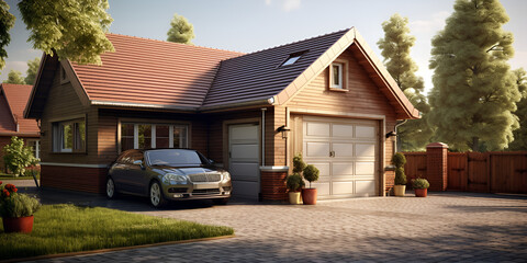 A house with garage door. There will be a small garden. in the background. - obrazy, fototapety, plakaty